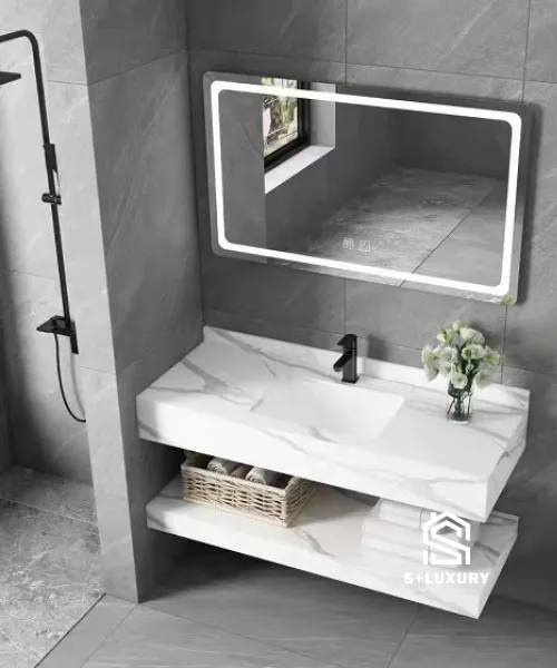 Bộ bàn đá lavabo 2 tầng cao cấp phong cách hiện đại tích hợp gương LED và kệ đá để đồ tiện lợi Bộ bàn đá lavabo 2 tầng cao cấp phong cách hiện đại tích hợp gương LED và kệ đá để đồ tiện lợi