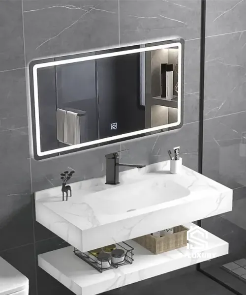 Mẫu bàn đá lavabo 2 tầng màu trắng vân mây sang trọng phối hợp chậu sứ lavabo âm bàn tinh tế Mẫu bàn đá lavabo 2 tầng màu trắng vân mây sang trọng phối hợp chậu sứ lavabo âm bàn tinh tế