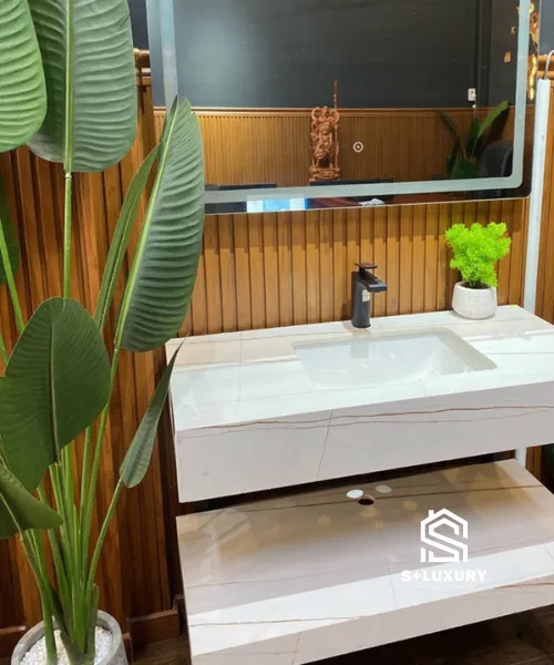 Ưu điểm bàn đá lavabo 2 tầng mặt đá nung kết chống trầy xước chống ố vàng và tối ưu lưu trữ phòng tắm Ưu điểm bàn đá lavabo 2 tầng mặt đá nung kết chống trầy xước chống ố vàng và tối ưu lưu trữ phòng tắm