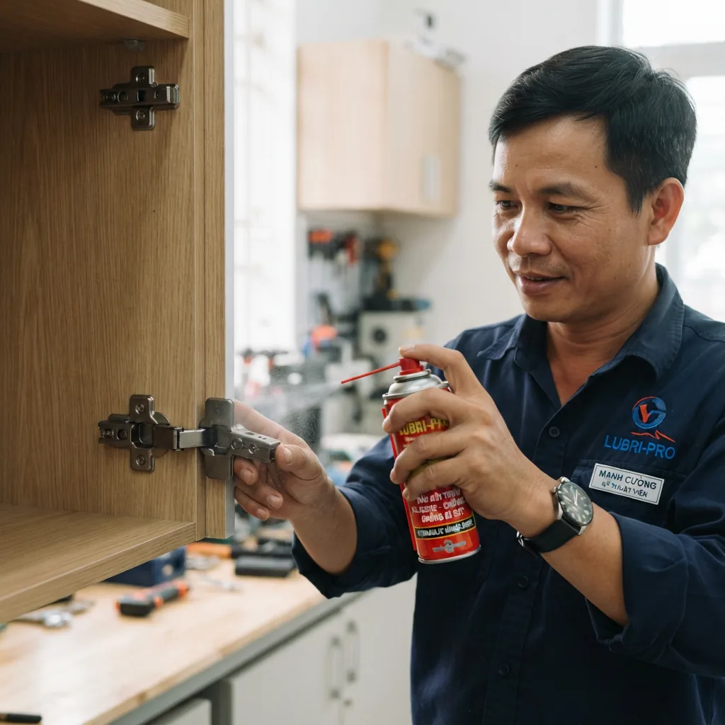 Kỹ thuật viên tra dầu bảo dưỡng piston giảm chấn bản lề tủ lavabo