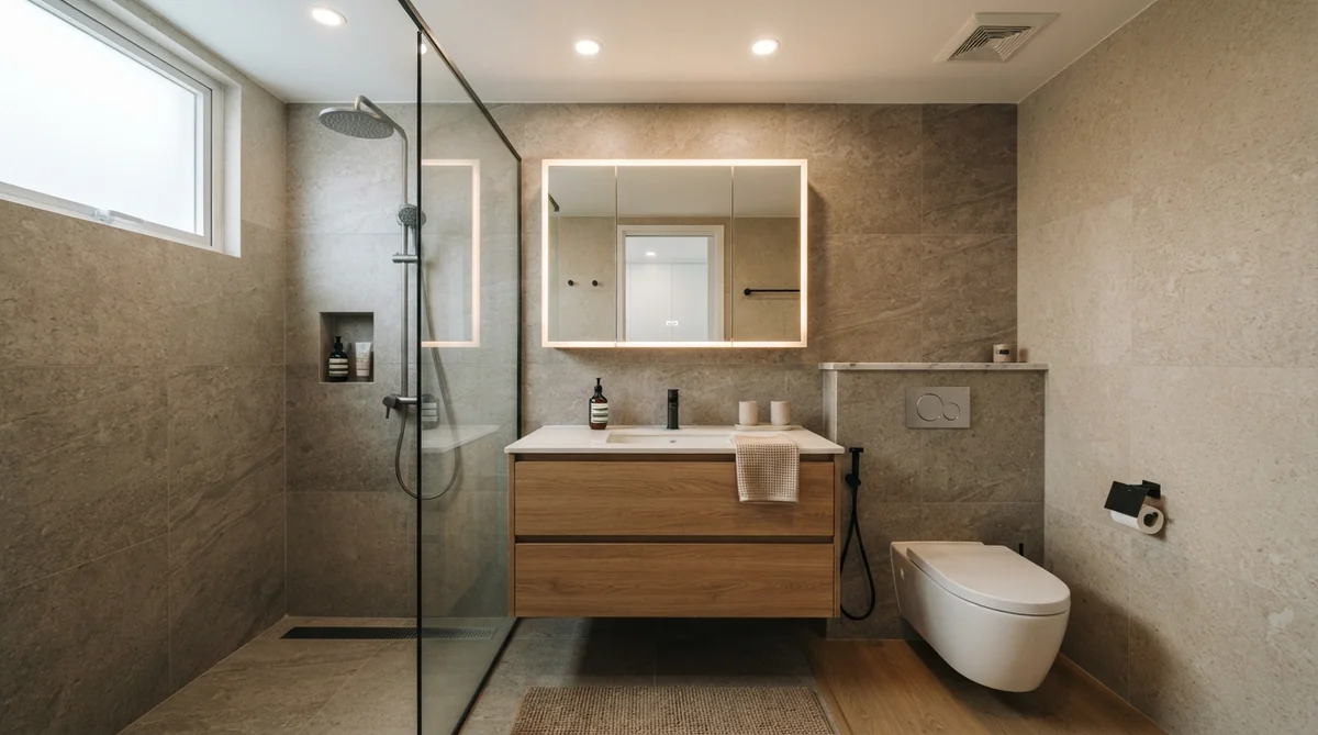 Bố trí không gian thực tế của bộ tủ chậu lavabo 80cm trong phòng tắm căn hộ chung cư hiện đại