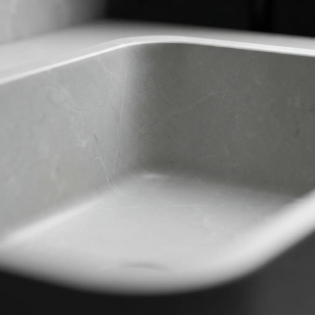 Cận cảnh góc uốn cong chuyển tiếp êm ái giữa mặt bàn và lòng chậu lavabo đúc liền khối