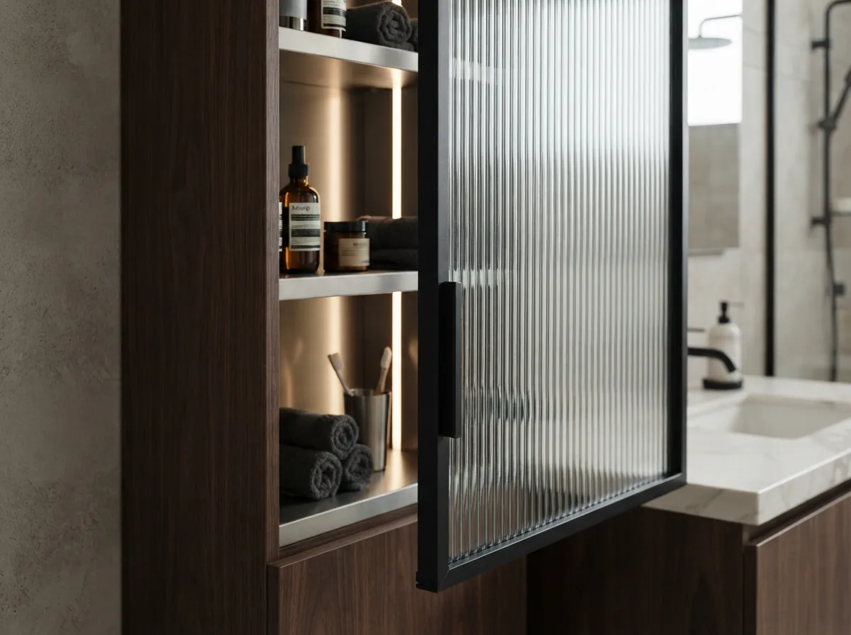 Cánh kính sọc gân mờ khung nhôm đen kết hợp thùng tủ Inox 304