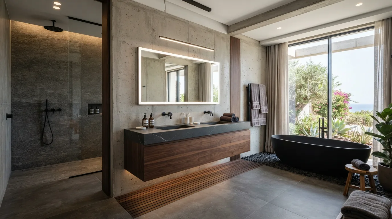 Tủ chậu lavabo đôi chậu đúc liền khối mặt đá 140cm trong phòng tắm Master biệt thự