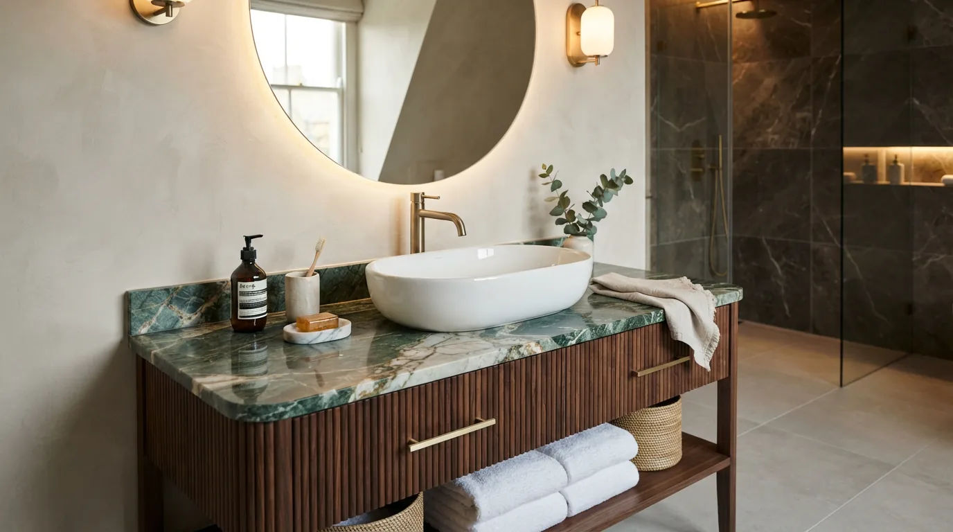 Chậu lavabo dương vành men Nano tuyết lắp trên mặt bàn đá tủ chậu phòng tắm sang trọng