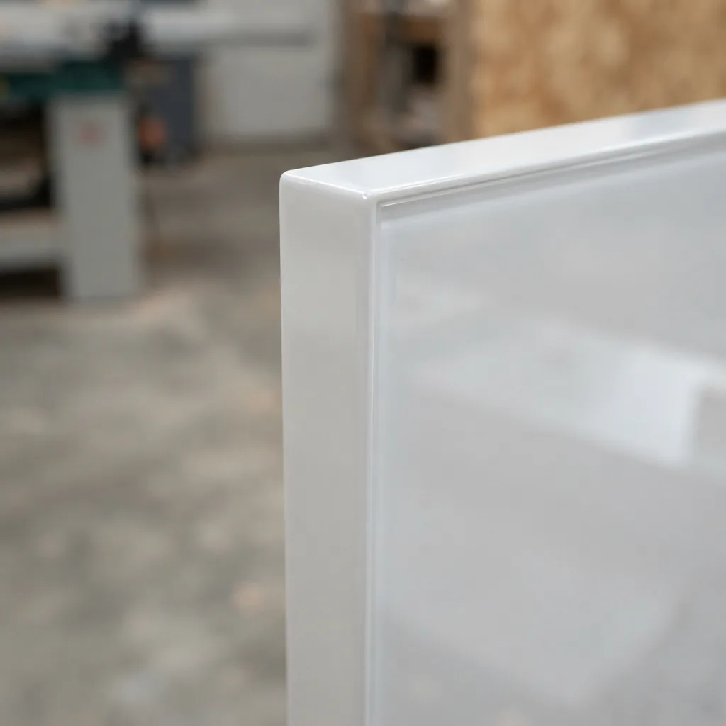 Cận cảnh đường dán cạnh Noline không đường line keo trên cánh tủ Acrylic bóng gương