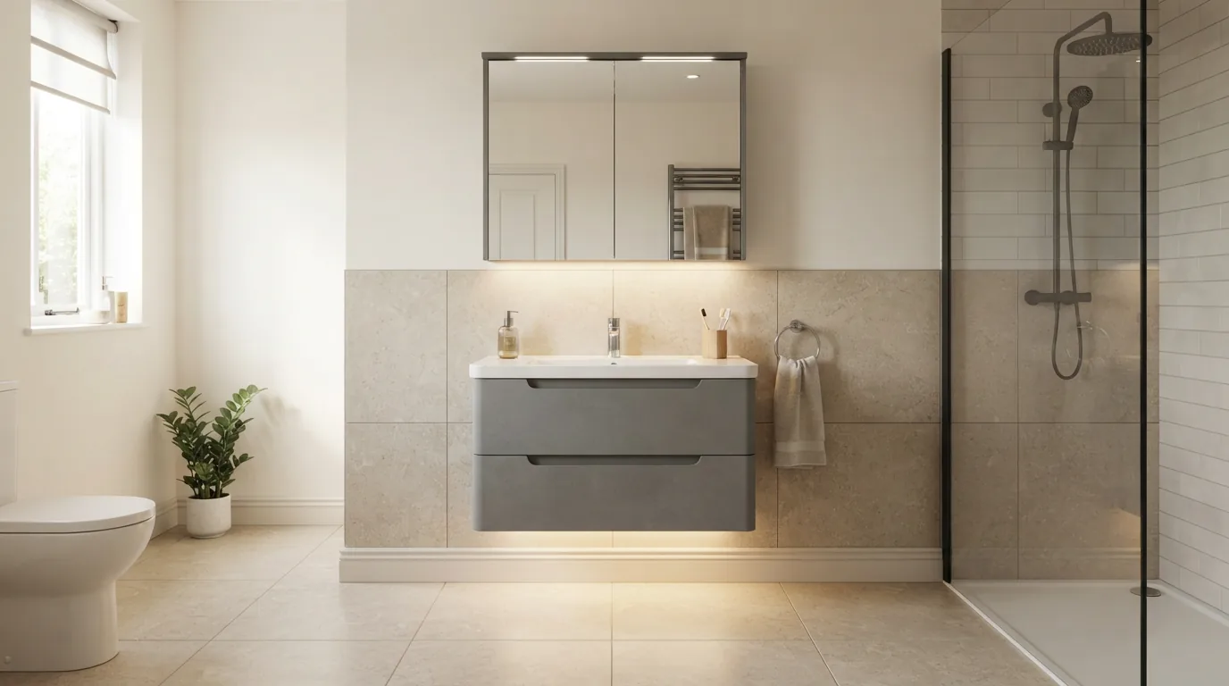 Phối cảnh bàn đá tủ lavabo đồng bộ cùng gương LED cảm ứng dáng ngang S+ Luxury