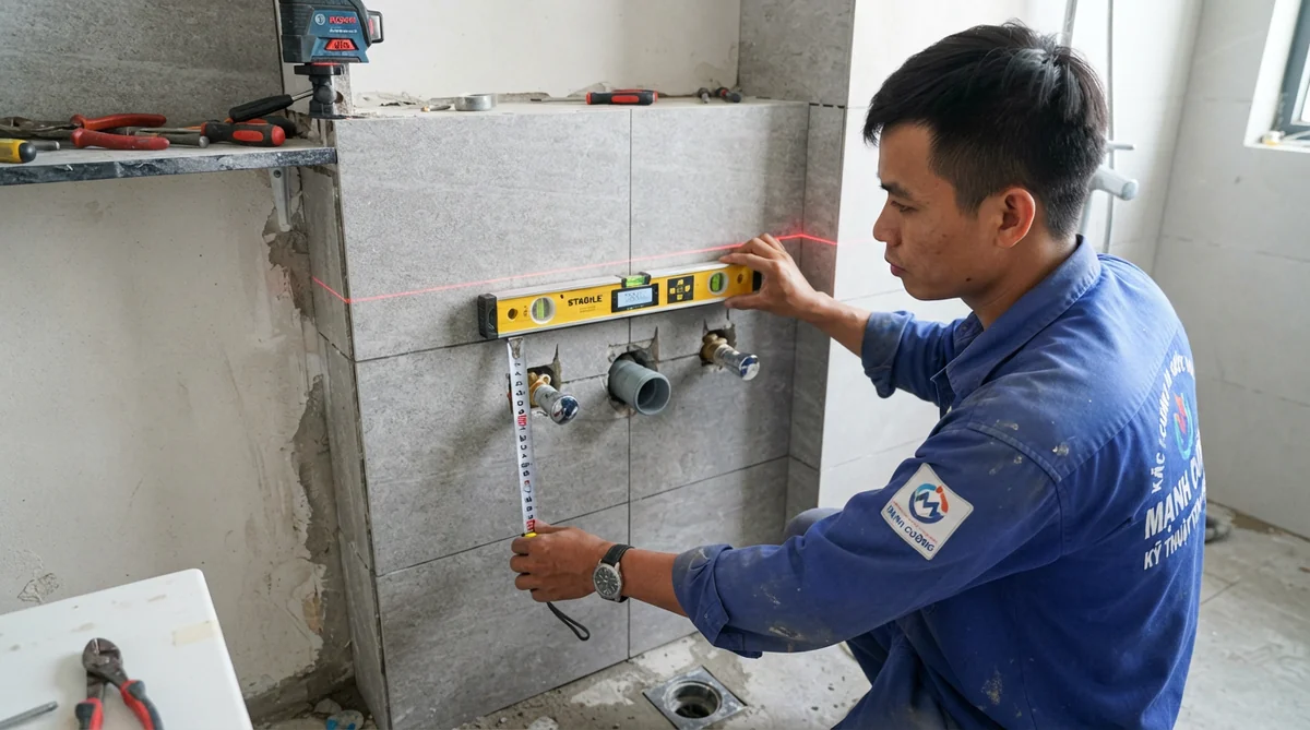 Kỹ thuật viên Mạnh Cường kiểm tra cao độ tim ống cấp thoát nước chờ âm tường chuẩn xác trước khi lắp tủ lavabo