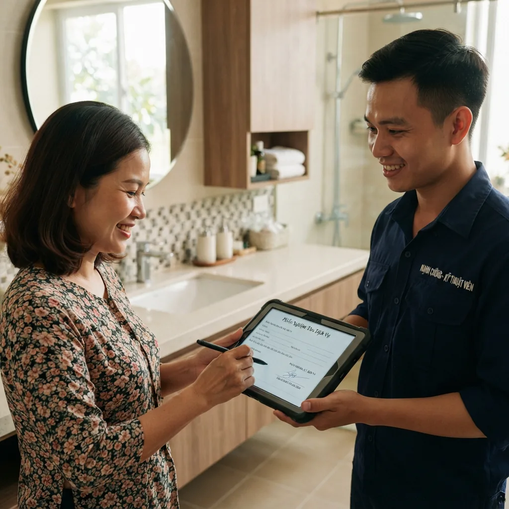Khách hàng hài lòng ký biên bản nghiệm thu thiết bị vệ sinh S+ Luxury