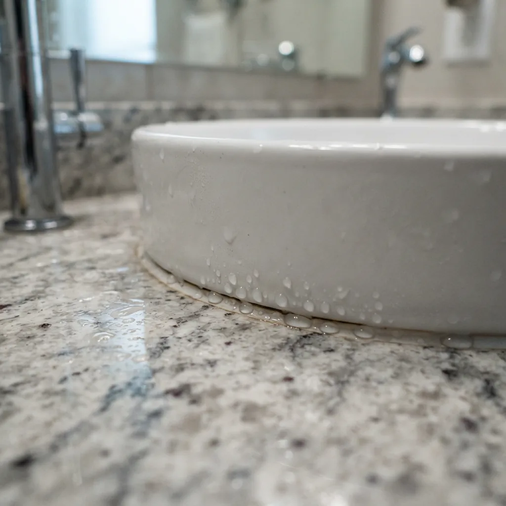 Khe chân chậu lavabo đặt bàn dễ đọng nước bám cặn canxi và nấm mốc đen đường keo silicone sau thời gian sử dụng