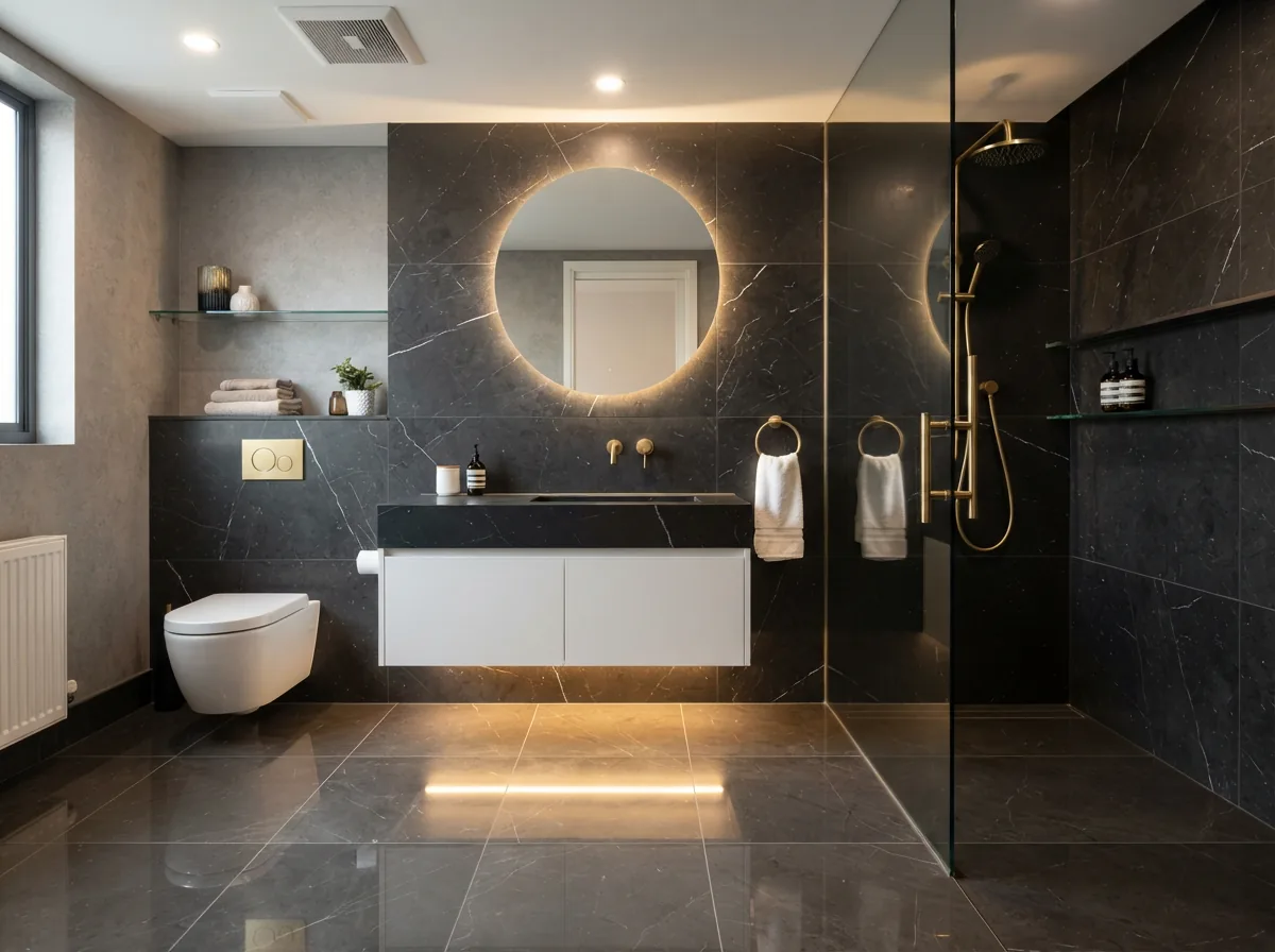 Bộ tủ chậu lavabo nhựa PVC đặc 80cm màu trắng mờ kết hợp mặt đá nung kết đen tia chớp lắp thực tế tại căn hộ chung cư