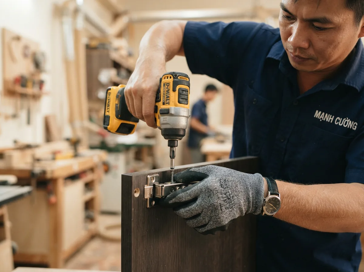 Thao tác thợ kỹ thuật bắn vít gia cố bản lề Inox vào thành tủ Plywood và cốt nhựa PVC đặc