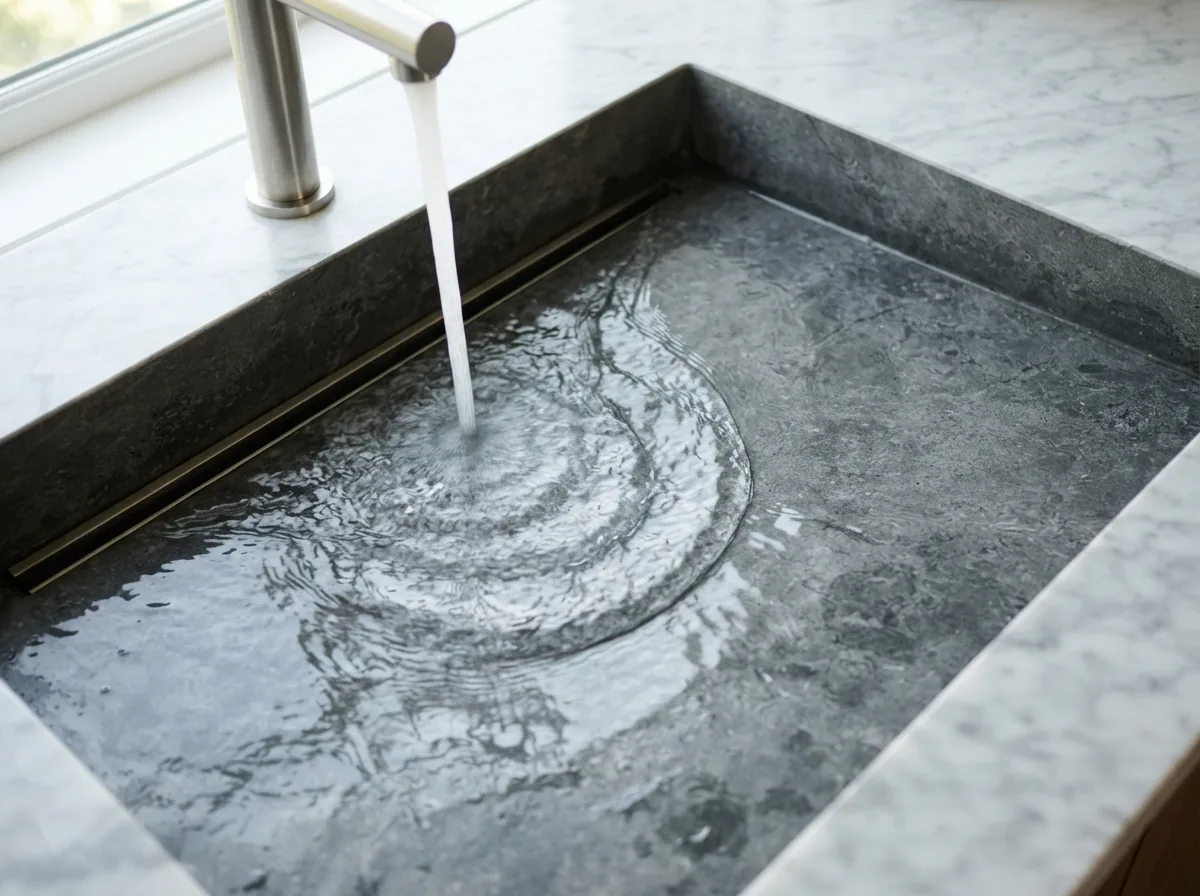 Kiểm tra độ dốc 3 độ đáy chậu lavabo liền khối giúp nước gom sạch về rốn xả