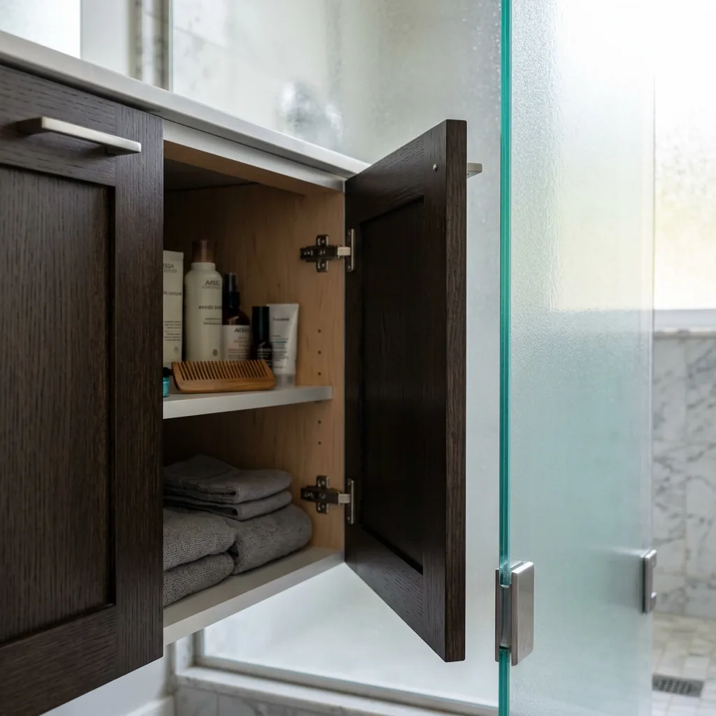 Khoảng hở an toàn 20mm giữa mép cánh tủ lavabo và vách kính tắm đứng khi mở rộng