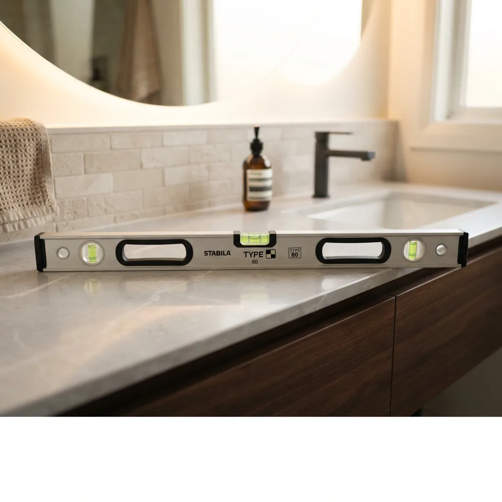 Đặt thước nivo thăng bằng kiểm tra mặt bàn đá tủ lavabo sau khi lắp đặt