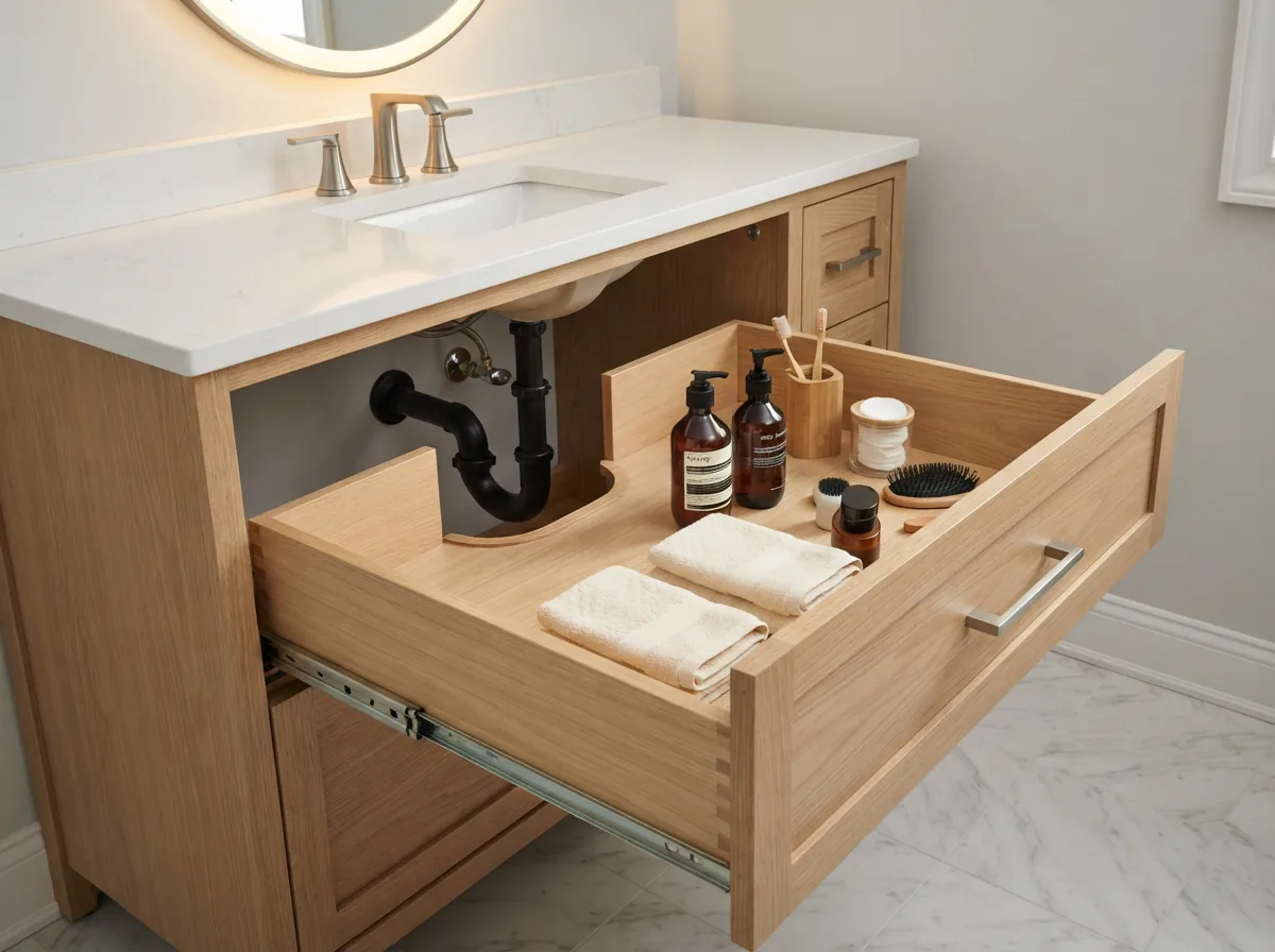 Bộ xiphong thoát tường lắp đặt gọn gàng sát vách hậu tủ lavabo chừa tối đa diện tích chứa đồ