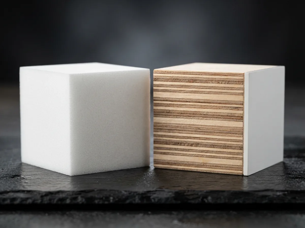 Mặt cắt phóng to so sánh kết cấu lõi nhựa PVC foam đặc mật độ cao và các lớp gỗ ép Plywood E0
