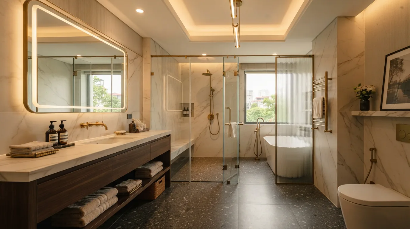 Mặt bàn đá nung kết trắng vân mây hoàn thiện cùng tủ chậu lavabo 80cm sang trọng