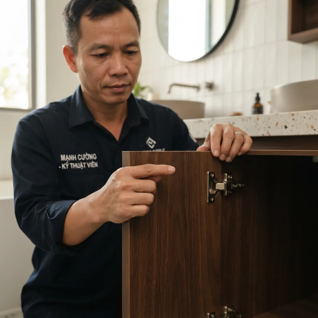 Kỹ thuật viên kiểm tra độ khít cánh tủ và bản lề giảm chấn tủ chậu lavabo
