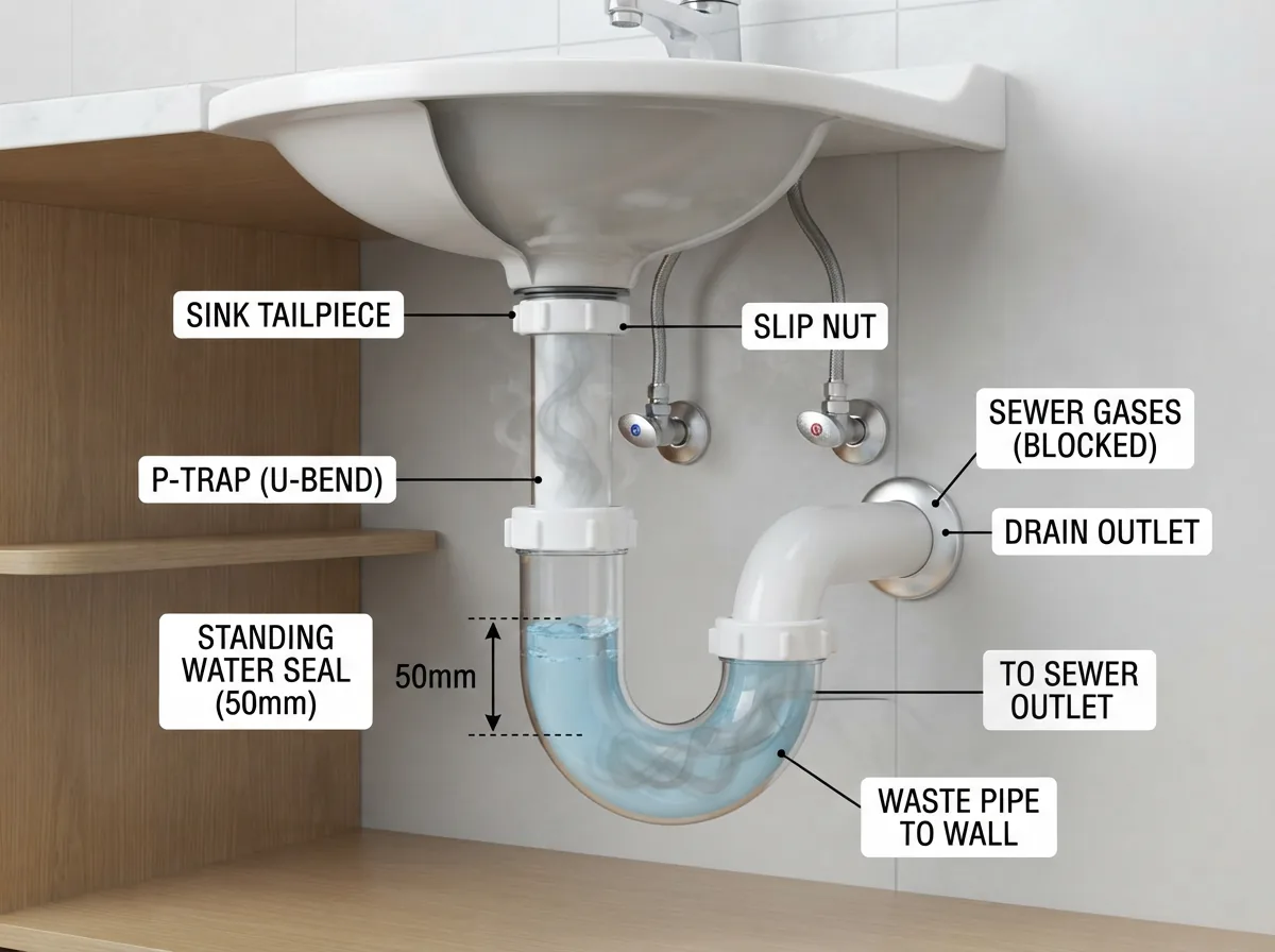 Sơ đồ 3D mặt cắt bẫy nước xiphong chữ P giữ màng nước 50mm chặn đứng khí hôi cống