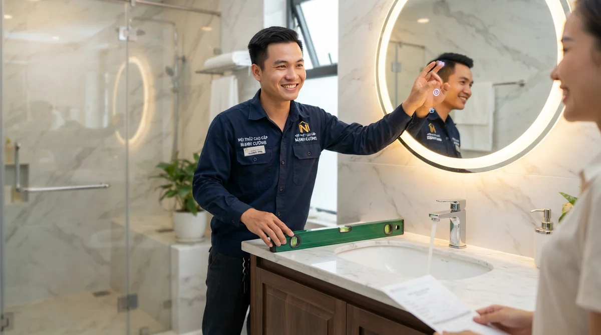 Kỹ thuật viên kiểm tra độ thăng bằng bọt thủy nivo và cảm ứng gương LED khi nghiệm thu bàn giao tủ chậu lavabo