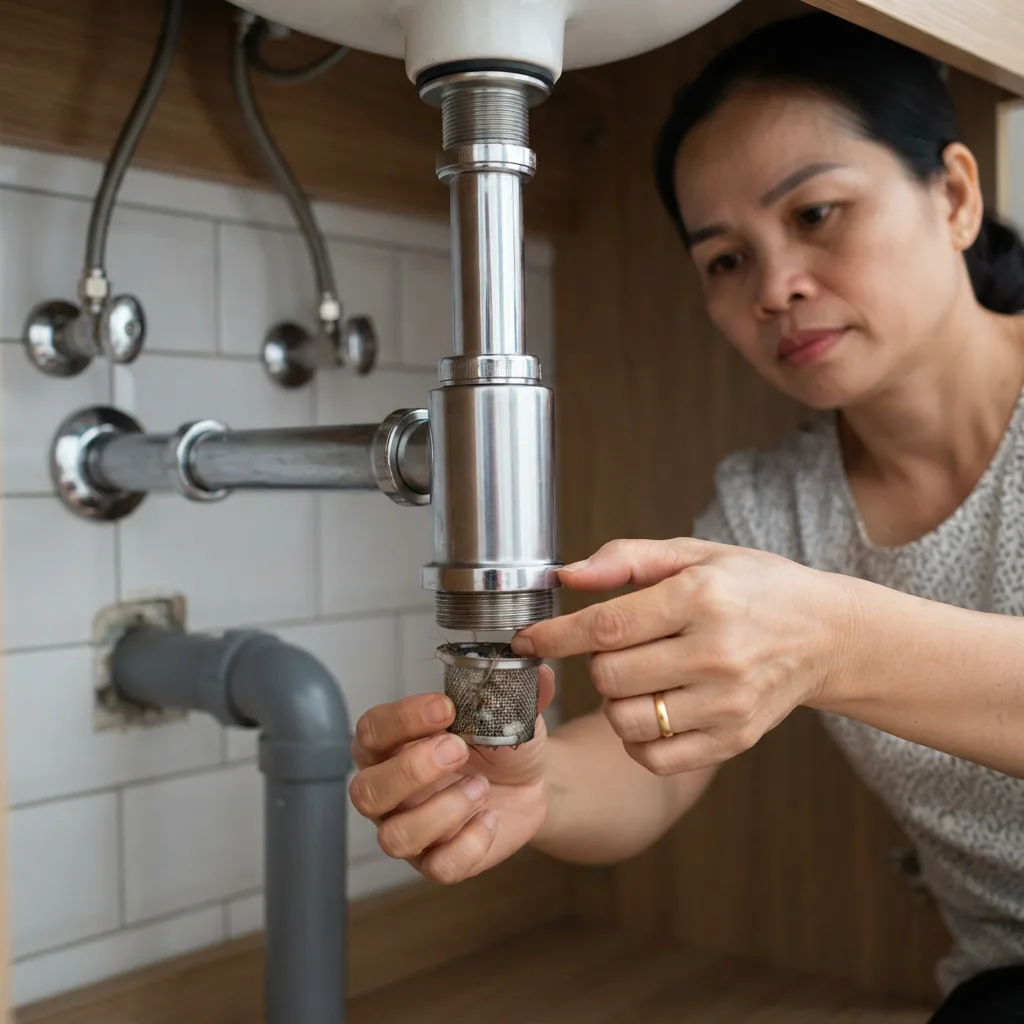 Cận cảnh thao tác xoay mở nắp đáy xiphong để vệ sinh tóc và cặn bẩn trong 30 giây