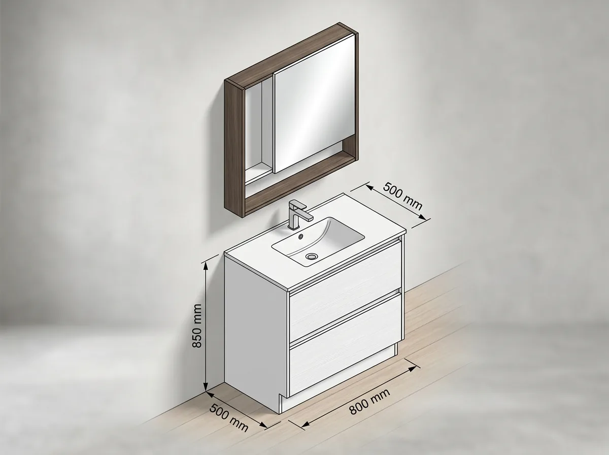 Sơ đồ 3D thể hiện 3 chiều rộng W, sâu D và cao H của bộ tủ chậu lavabo và tủ gương