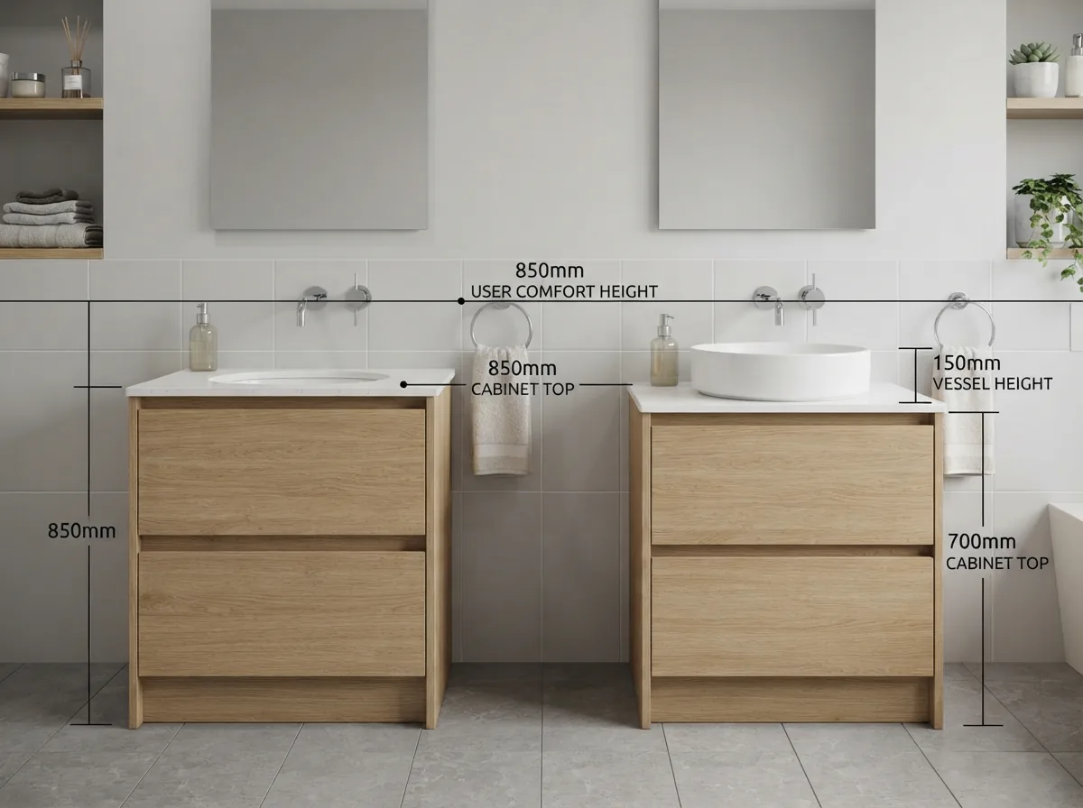 So sánh sự khác biệt cao độ thi công bàn đá lavabo giữa chậu âm bàn và chậu đặt bàn dương