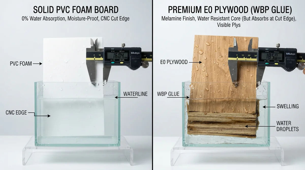 So sánh thực tế vật liệu nhựa PVC foam đặc và gỗ Plywood E0 phủ Melamine chống nước cho tủ lavabo