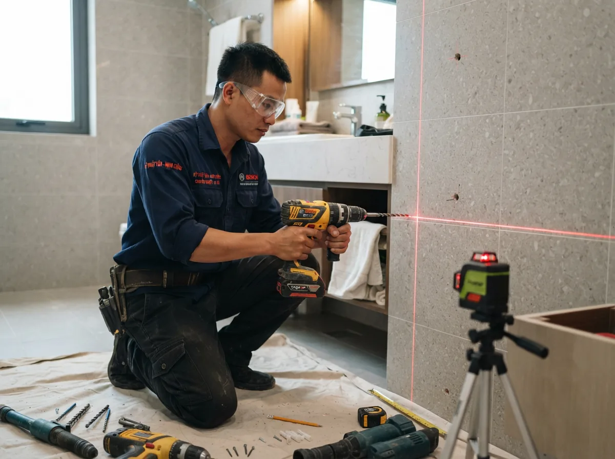 Kỹ thuật viên dùng máy khoan búa và thước nivo lấy dấu bắt bu lông nở thép M10