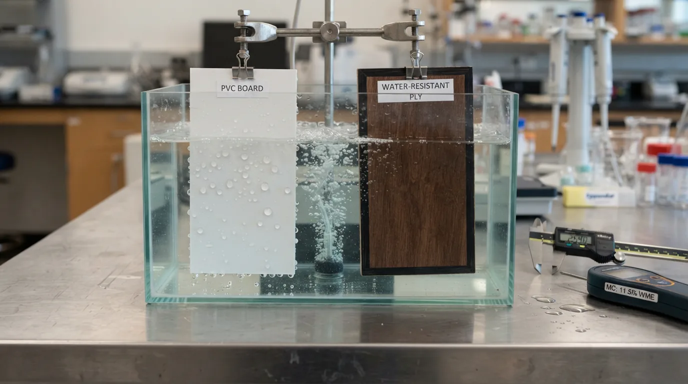 Thử nghiệm ngâm nước mẫu nhựa PVC đặc và gỗ Plywood chịu nước kiểm tra độ giãn nở