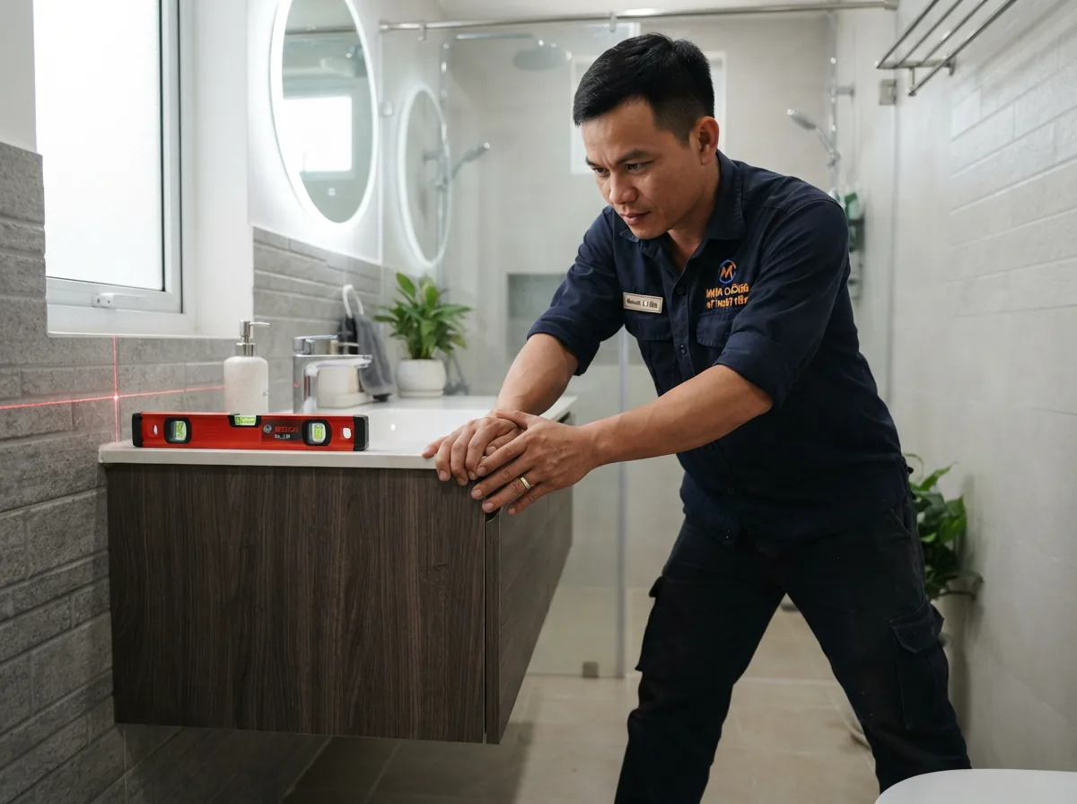 Kỹ thuật viên tì toàn bộ trọng lượng cơ thể lên mép tủ lavabo treo tường để kiểm tra độ vững