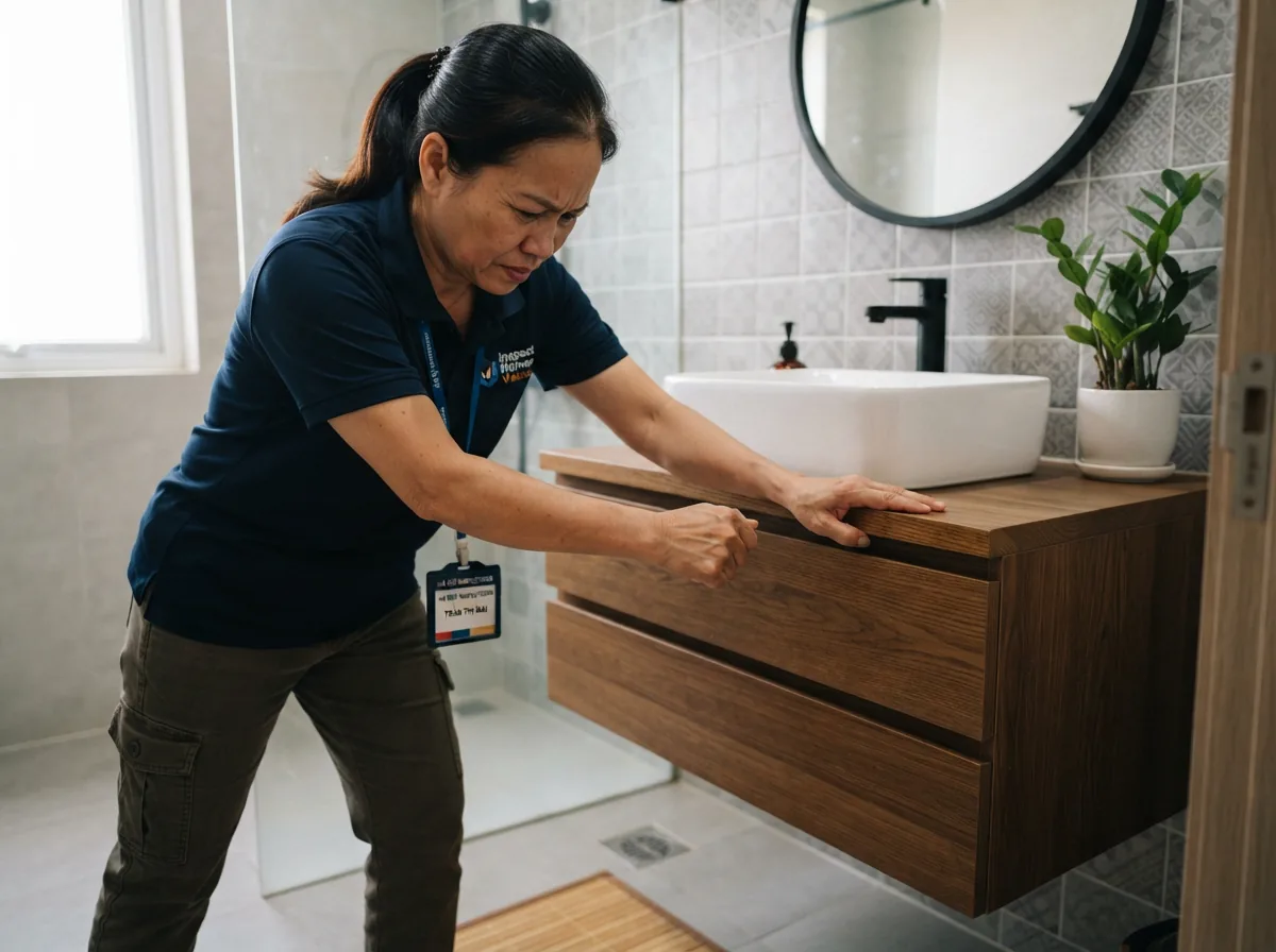 Thử tải tĩnh tì đè mép tủ lavabo kiểm tra độ chắc chắn của khung treo Z-bar