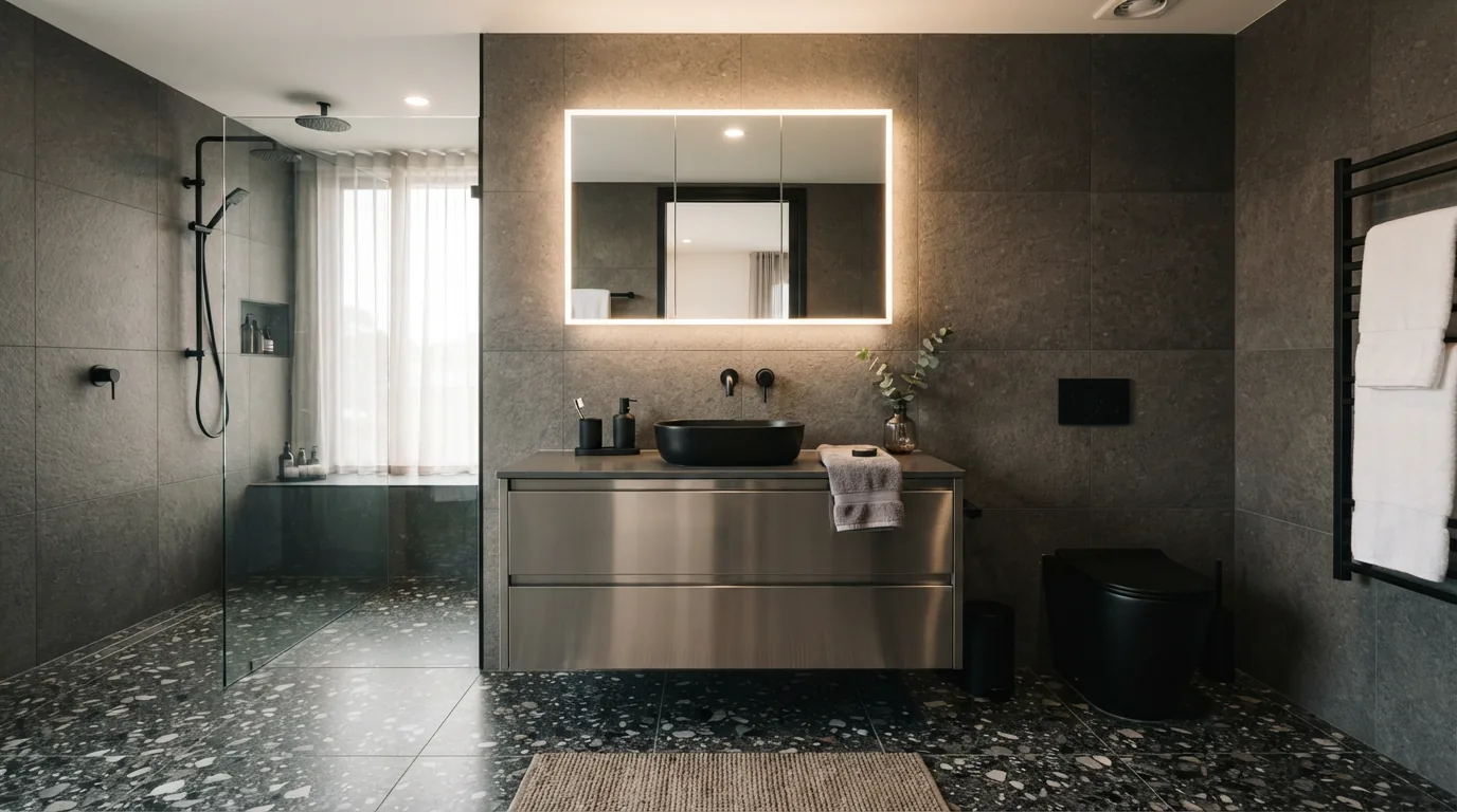 Hoàn thiện bộ tủ lavabo Inox 304 90cm trong phòng tắm phong cách Modern Luxury