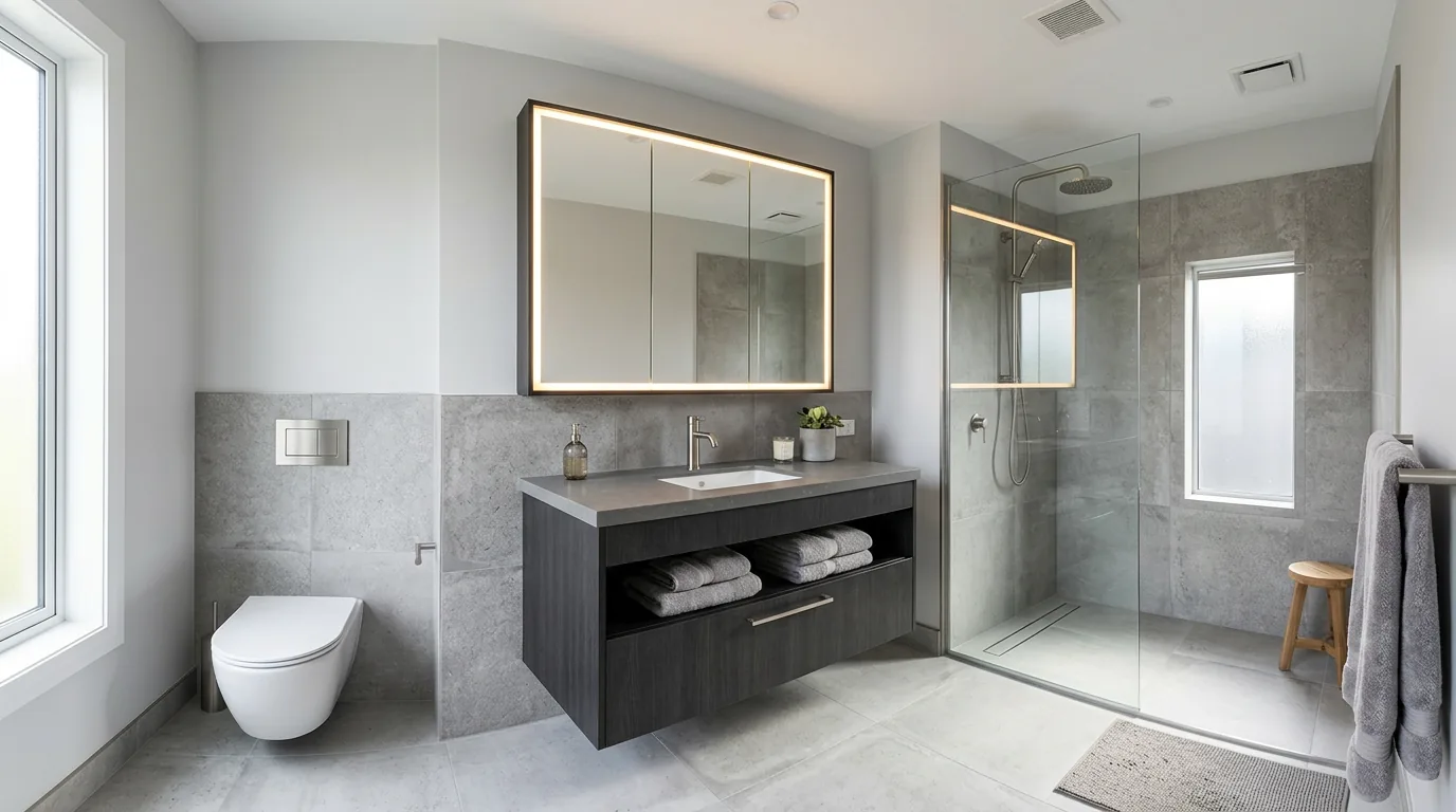 Hoàn thiện lắp đặt tủ chậu lavabo 80cm màu ghi xám hiện đại trong phòng tắm chung cư
