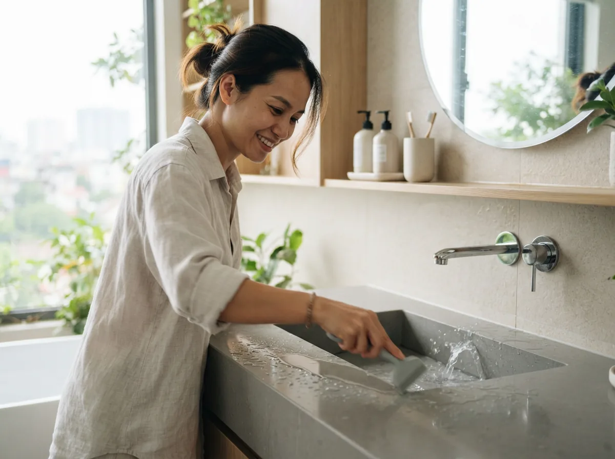Gia chủ dùng khăn gạt nước từ mặt bàn thẳng xuống lòng chậu không vướng gờ mép