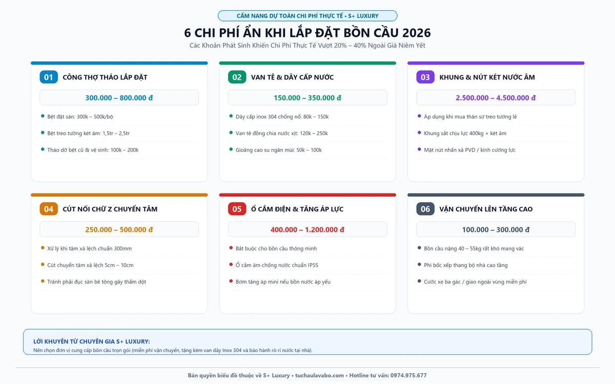 Sơ đồ 6 chi phí ẩn khi lắp đặt và mua bồn cầu không nằm trong bảng giá niêm yết