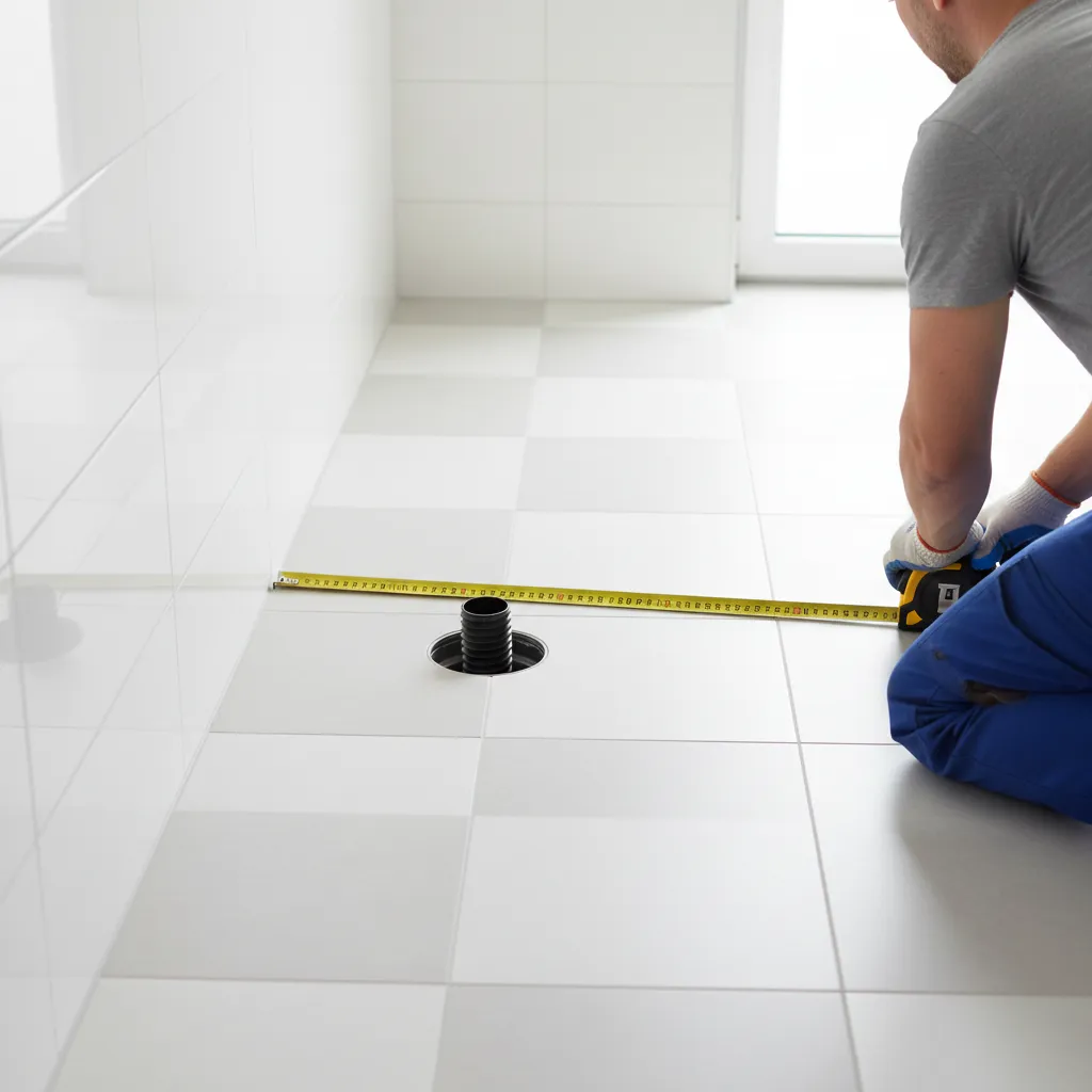 Thợ thi công đo tâm xả bồn cầu bằng thước dây tại lỗ chờ ống thoát nước trên sàn phòng tắm