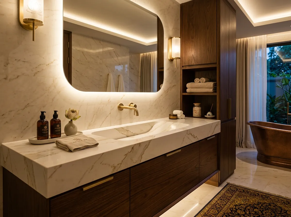 Lavabo đá nhân tạo liền khối cùng tông với mặt bàn, không đường ron trong phòng tắm cao cấp Lavabo đá nhân tạo liền khối cùng tông với mặt bàn, không đường ron trong phòng tắm cao cấp