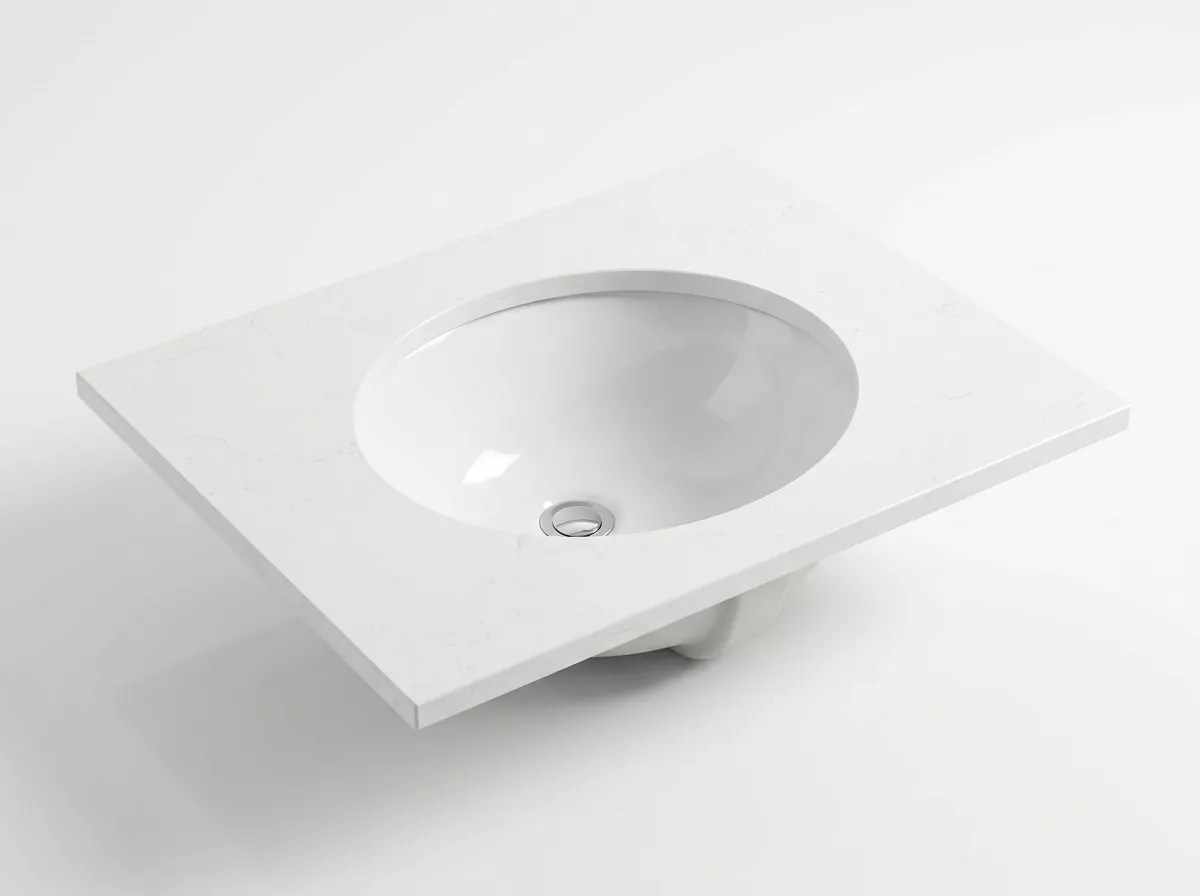 Lavabo sứ nung men trắng kiểu âm bàn trên nền studio, vành chậu chuẩn cho ron silicon giấu kín Lavabo sứ nung men trắng kiểu âm bàn trên nền studio, vành chậu chuẩn cho ron silicon giấu kín