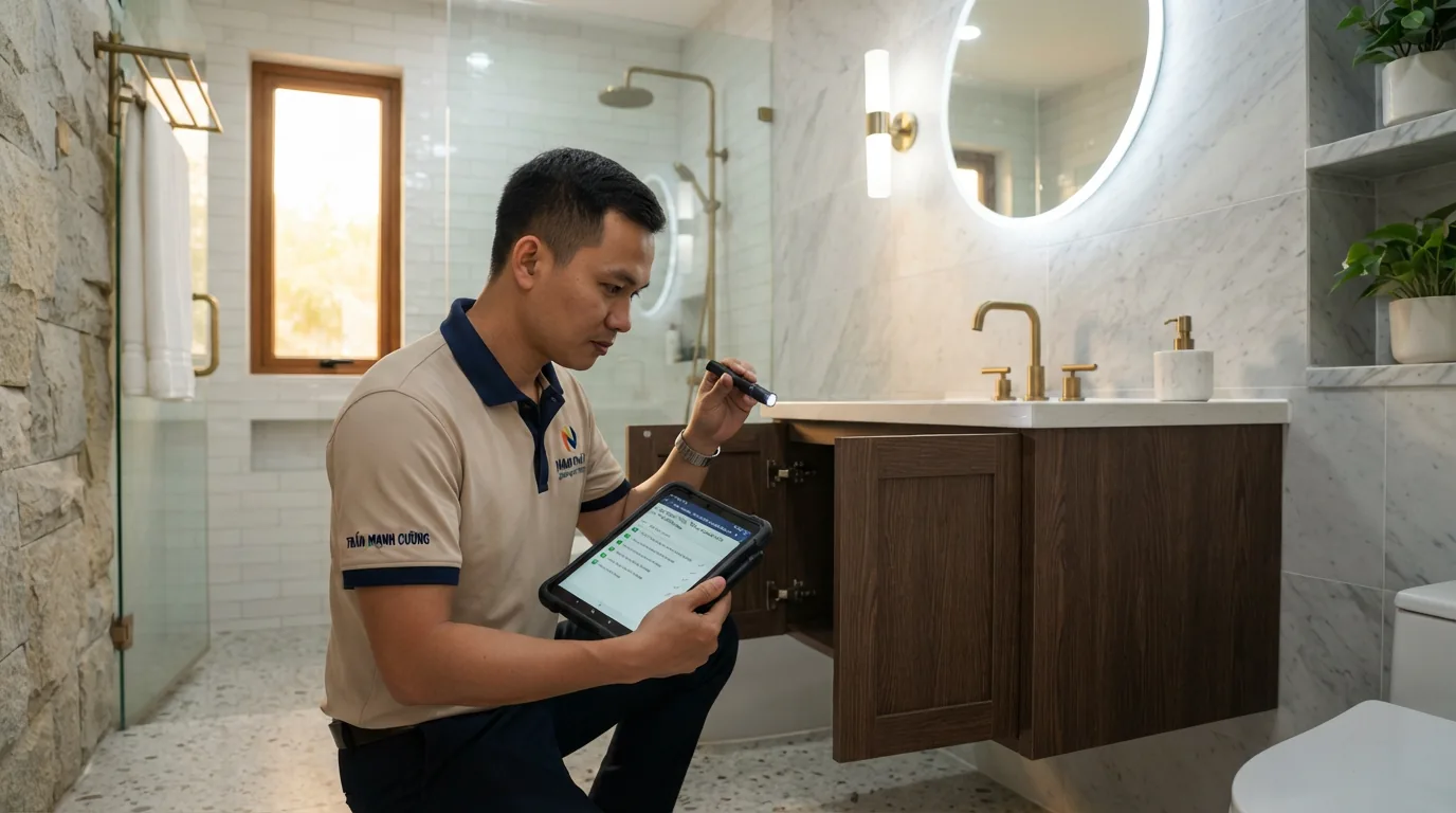 Checklist kiểm tra nghiệm thu độ phẳng khít và xả thử nước tủ lavabo lắp đặt hoàn thiện