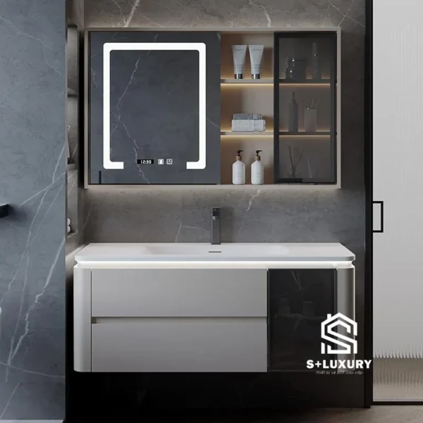 Bộ tủ chậu lavabo màu trắng sứ DH-02 viền vàng cao cấp kèm tủ gương LED cảm ứng thông minh