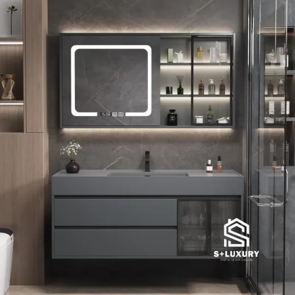 Bộ tủ chậu lavabo tràn viền men tuyết màu xám DH-01 kèm tủ gương LED