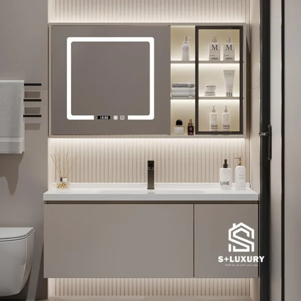 Bộ tủ chậu lavabo phòng tắm tràn viền DH-19 cánh nan sóng màu xám ghi kèm tủ gương LED cảm ứng