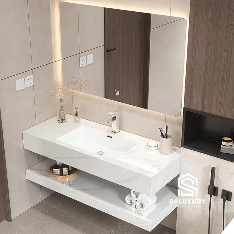 Mặt bàn đá nung kết chống trầy xước chống ố vàng trên bộ tủ chậu lavabo DH-12 cao cấp