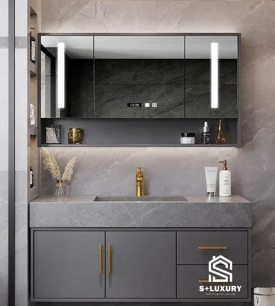 Bộ tủ chậu bàn đá lavabo phòng tắm treo tường cao cấp S+ Luxury DH-11
