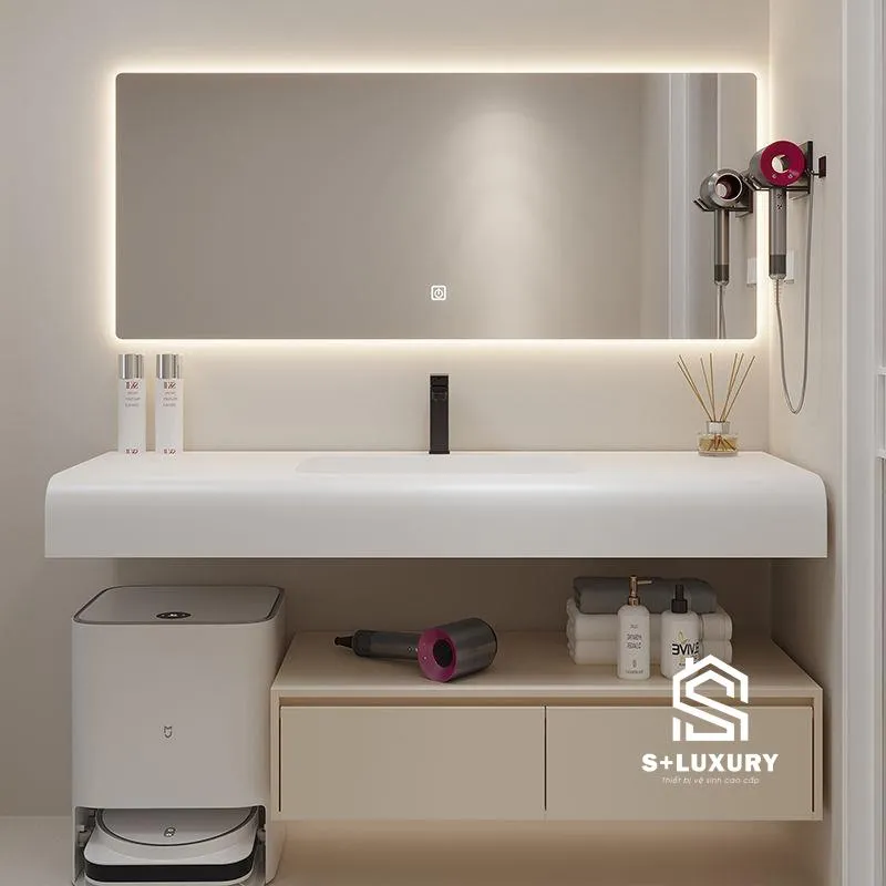 Bộ tủ chậu lavabo 2 tầng treo tường DH-04 thiết kế bo góc công thái học kết hợp tủ gương LED cao cấp