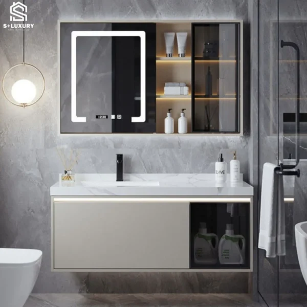 Bộ tủ chậu lavabo cánh kính cường lực viền nhôm cao cấp DH-15 màu đen luxury kèm tủ gương LED cảm ứng