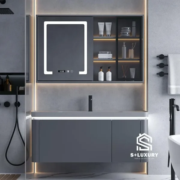 Bộ tủ chậu lavabo liền khối màu xám ghi DH-03 kèm tủ gương LED cảm ứng