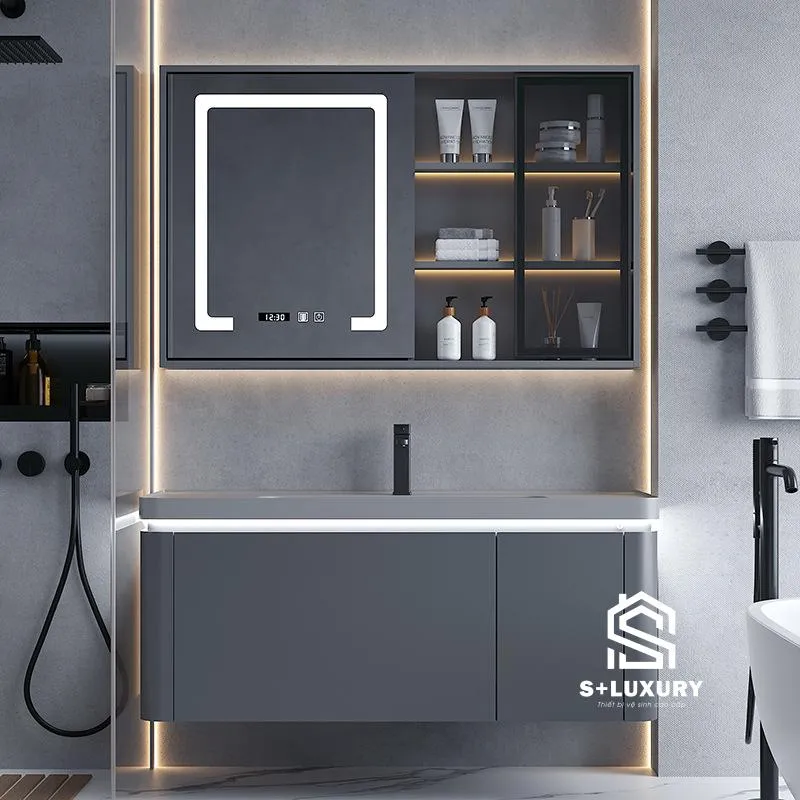 Tủ chậu lavabo màu xám ghi phong cách hiện đại tối giản DH-03